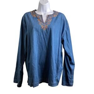 Akkriti Women's Blue Embroidered Denim Blouse Size 42/6 Boho Artsy Hippie Earthy